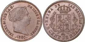 MONARQUÍA ESPAÑOLA
ISABEL II
5 Céntimos de Real. AE. Segovia. 1860. 1,81 g. CAL.617. Bella pieza. Muy escasa así. SC