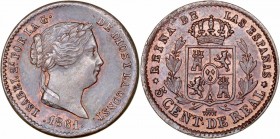 MONARQUÍA ESPAÑOLA
ISABEL II
5 Céntimos de Real. AE. Segovia. 1861. 1,81 g. CAL.618. Pátina irregular y restos de brillo. EBC+/SC-