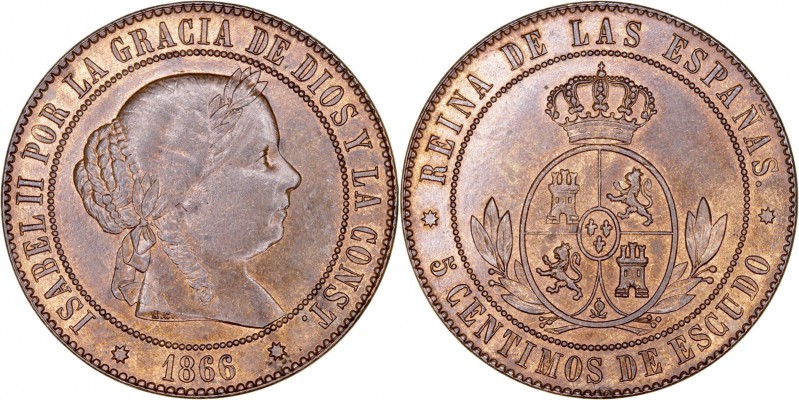MONARQUÍA ESPAÑOLA
ISABEL II
5 Céntimos de Escudo. AE. Barcelona. 1866. Sin OM...