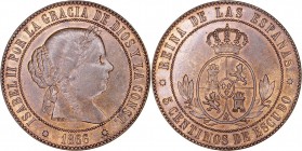 MONARQUÍA ESPAÑOLA
ISABEL II
5 Céntimos de Escudo. AE. Barcelona. 1866. Sin OM en rev. 12,47 g. CAL.622. Muy bonita pieza. Muy escasa. SC-