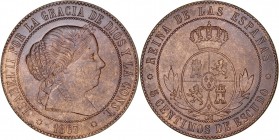 MONARQUÍA ESPAÑOLA
ISABEL II
5 Céntimos de Escudo. AE. Barcelona OM. 1867. 12,72 g. CAL.624. Muy bonita pieza que mantiene pátina irregular. Muy esc...