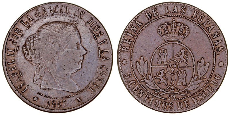 MONARQUÍA ESPAÑOLA
ISABEL II
5 Céntimos de Escudo. AE. Barcelona OM. 1867. Fal...