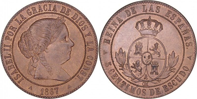 MONARQUÍA ESPAÑOLA
ISABEL II
5 Céntimos de Escudo. AE. Segovia OM. 1867. 12,59...