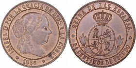 MONARQUÍA ESPAÑOLA
ISABEL II
2 1/2 Céntimos de Escudo. AE. Barcelona. 1866. Sin OM en rev. 6,24 g. CAL.638. Manchita en anv., por lo demás bella pie...