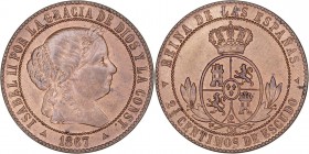 MONARQUÍA ESPAÑOLA
ISABEL II
2 1/2 Céntimos de Escudo. AE. Segovia OM. 1867. 6,24 g. CAL.647. Mantiene su color original, bella. Muy escasa así. SC...