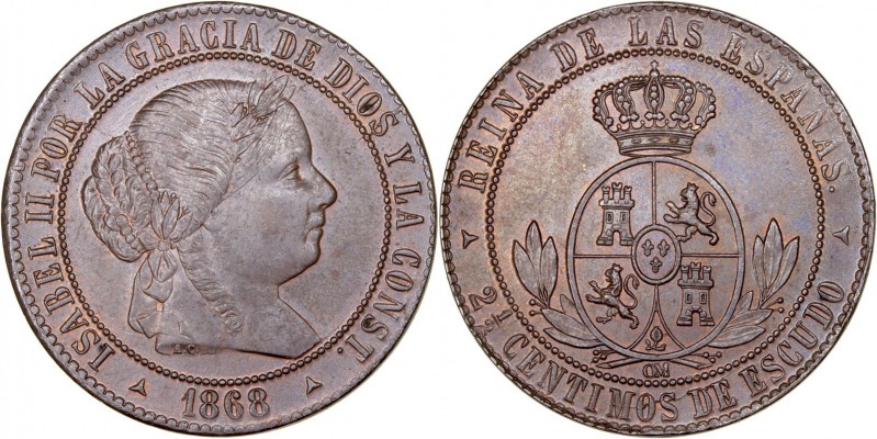 MONARQUÍA ESPAÑOLA
ISABEL II
2 1/2 Céntimos de Escudo. AE. Segovia OM. 1868. 6...