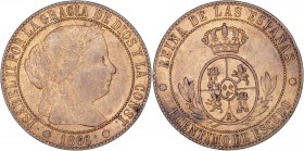 MONARQUÍA ESPAÑOLA
ISABEL II
Céntimo de Escudo. AE. Barcelona. 1866. Sin OM en rev. 2,56 g. CAL.651. Muy escasa. EBC+