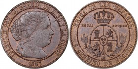 MONARQUÍA ESPAÑOLA
ISABEL II
Céntimo de Escudo. AE. 1867 OM. (París). Con ESSAI-BRONZE en rev. Prueba de presentación. 2,54 g. CAL.No cataloga. Seña...