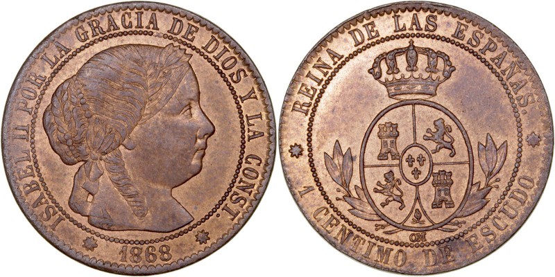 MONARQUÍA ESPAÑOLA
ISABEL II
Céntimo de Escudo. AE. Barcelona OM. 1868. 2,46 g...