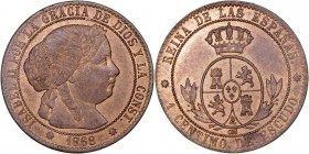 MONARQUÍA ESPAÑOLA
ISABEL II
Céntimo de Escudo. AE. Barcelona OM. 1868. 2,46 g. CAL.655. Conserva brillo original. Escasa así. SC-