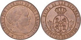 MONARQUÍA ESPAÑOLA
ISABEL II
Céntimo de Escudo. AE. Jubia OM. 1868. 2,49 g. CAL.659. Muy bonita pieza que conserva brillo original. Escasa así. SC-...