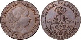 MONARQUÍA ESPAÑOLA
ISABEL II
Céntimo de Escudo. AE. Segovia OM. 1867. 2,62 g. CAL.664. Bella pieza con pátina oscura. Escasa así. SC-