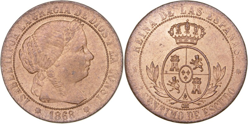 MONARQUÍA ESPAÑOLA
ISABEL II
Céntimo de Escudo. AE. Sevilla OM. 1868. 2,51 g. ...