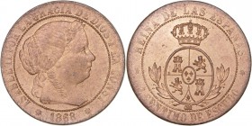 MONARQUÍA ESPAÑOLA
ISABEL II
Céntimo de Escudo. AE. Sevilla OM. 1868. 2,51 g. CAL.667. Cuño algo flojo, por lo demás muy bonita pieza con bonito col...