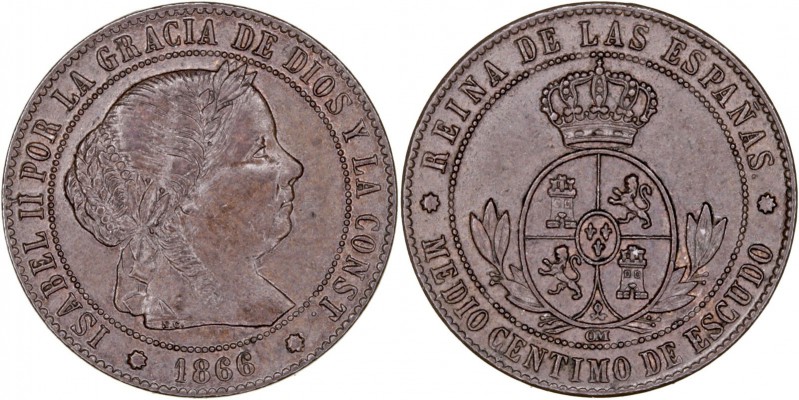 MONARQUÍA ESPAÑOLA
ISABEL II
1/2 Céntimo de Escudo. AE. Barcelona OM. 1866. 1,...