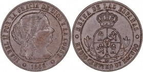 MONARQUÍA ESPAÑOLA
ISABEL II
1/2 Céntimo de Escudo. AE. Barcelona OM. 1866. 1,29 g. CAL.669. EBC+