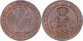 MONARQUÍA ESPAÑOLA
ISABEL II
1/2 Céntimo de Escudo. AE. Barcelona OM. 1867. 1,22 g. CAL.670. Conserva brillo original, bella. Escasa así. SC-