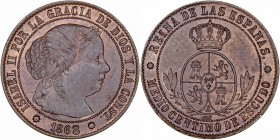 MONARQUÍA ESPAÑOLA
ISABEL II
1/2 Céntimo de Escudo. AE. Barcelona OM. 1868. 1,28 g. CAL.671. Bellísima pieza. Muy escasa así. SC