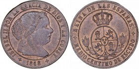 MONARQUÍA ESPAÑOLA
ISABEL II
1/2 Céntimo de Escudo. AE. Jubia OM. 1868. 1,23 g. CAL.674. Muy bonita pieza. Escasa así. SC-. SC