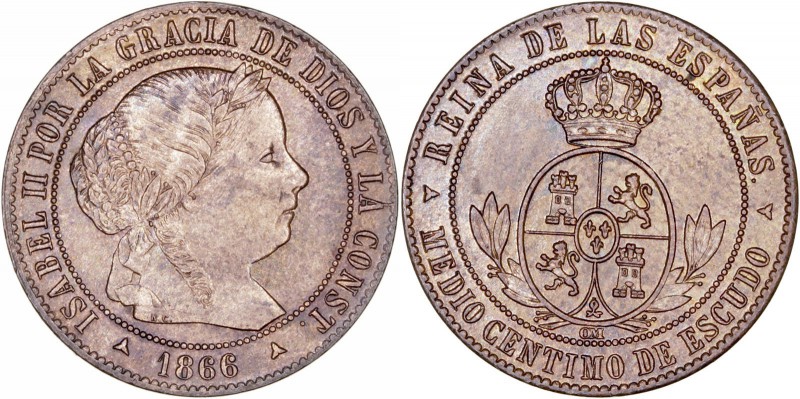 MONARQUÍA ESPAÑOLA
ISABEL II
1/2 Céntimo de Escudo. AE. Segovia OM. 1866. 1,29...