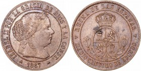 MONARQUÍA ESPAÑOLA
ISABEL II
1/2 Céntimo de Escudo. AE. Segovia OM. 1867. 1,24 g. CAL.677. Ligera manchita en rev., por lo demás bella pieza que con...