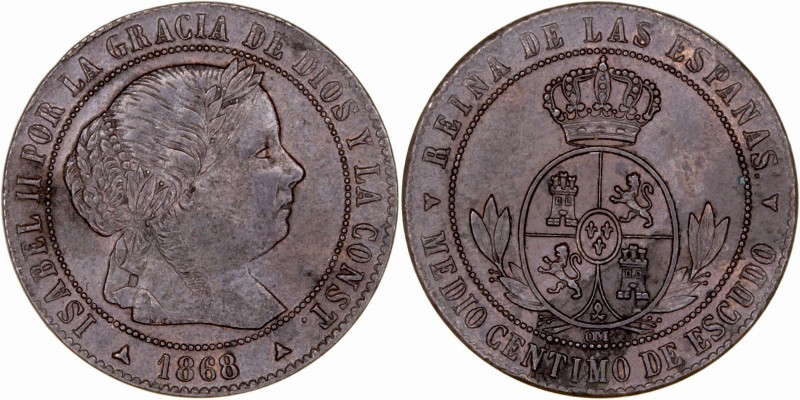 MONARQUÍA ESPAÑOLA
ISABEL II
1/2 Céntimo de Escudo. AE. Segovia OM. 1868. 1,18...