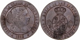 MONARQUÍA ESPAÑOLA
ISABEL II
1/2 Céntimo de Escudo. AE. Segovia OM. 1868. 1,18 g. CAL.678. EBC-