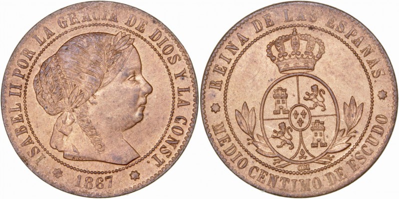 MONARQUÍA ESPAÑOLA
ISABEL II
1/2 Céntimo de Escudo. AE. Sevilla OM. 1867. 1,27...