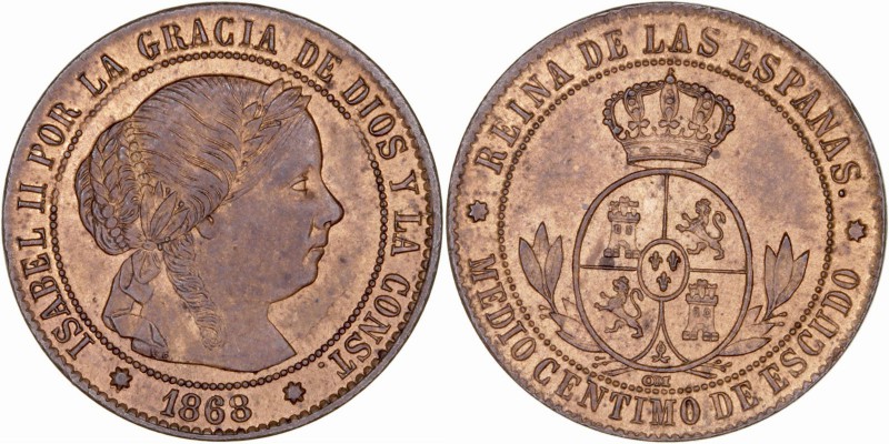 MONARQUÍA ESPAÑOLA
ISABEL II
1/2 Céntimo de Escudo. AE. Sevilla OM. 1868. 1,26...