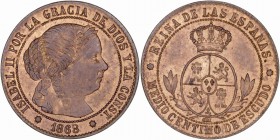 MONARQUÍA ESPAÑOLA
ISABEL II
1/2 Céntimo de Escudo. AE. Sevilla OM. 1868. 1,26 g. CAL.680. Bella pieza con muy bonito color. Muy escasa así. SC