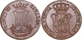 MONARQUÍA ESPAÑOLA
ISABEL II
6 Cuartos. AE. Barcelona. 1836. 14,74 g. CAL.682. Muy bonita pieza. Escasa así. EBC+