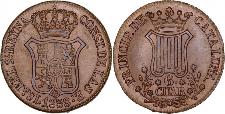 MONARQUÍA ESPAÑOLA
ISABEL II
6 Cuartos. AE. Barcelona. 1838. 13,84 g. CAL.685....