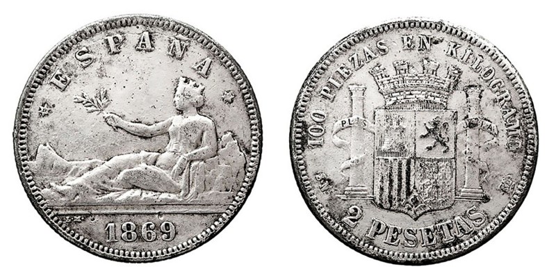 LA PESETA
GOBIERNO PROVISIONAL
2 Pesetas. Calamina. 1869 *18-69 SNM. Falsa de ...