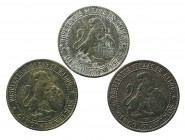 LA PESETA
GOBIERNO PROVISIONAL
5 Céntimos. AE. Barcelona OM. 1870. Lote de 3 monedas. CAL.25. MBC-