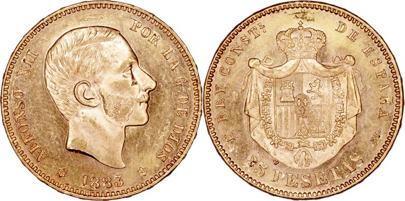 LA PESETA
ALFONSO XII
25 Pesetas. AV. 1883 *18-83 MSM. 8,09 g. CAL.18. Ligeras...