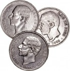 LA PESETA
ALFONSO XII
Lote de 3 monedas. AR. 5 Pesetas 1885 *85, *86 y (*87). BC+