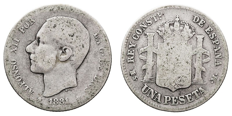 LA PESETA
ALFONSO XII
Peseta. AR. 1881 MSM. CAL.56. Rara. RC