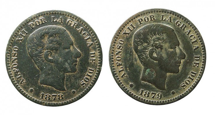 LA Peseta
ALFONSO XII
5 Céntimos. AE. Barcelona OM. Lote de 2 monedas. 1878 y ...