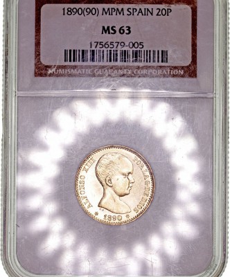 LA Peseta
ALFONSO XIII
20 Pesetas. AV. 1890 *18-90 MPM. Presentada en estuche ...