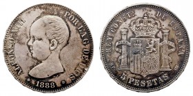 LA Peseta
ALFONSO XIII
5 Pesetas. AR. 1888 *18-88 MPM. 25,02 g. CAL.13. Muy bonita pieza con pátina irregular y oscura. EBC