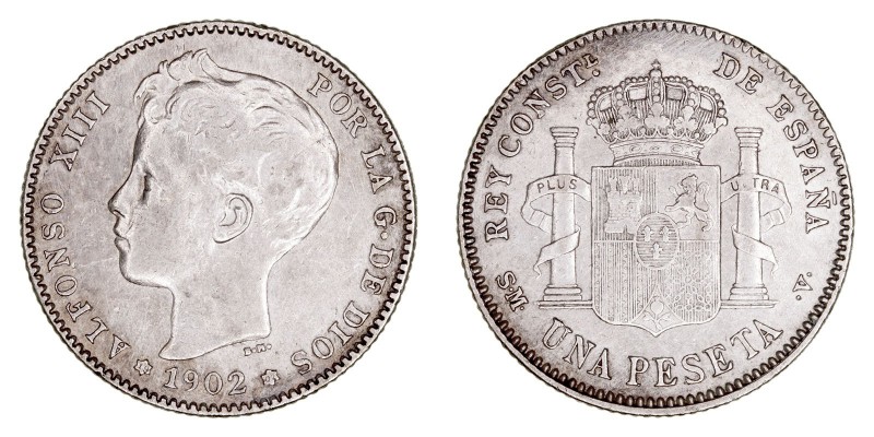 LA Peseta
ALFONSO XIII
Peseta. AR. 1902 *19-02 SMV. 4,93 g. CAL.48. Escasa. MB...