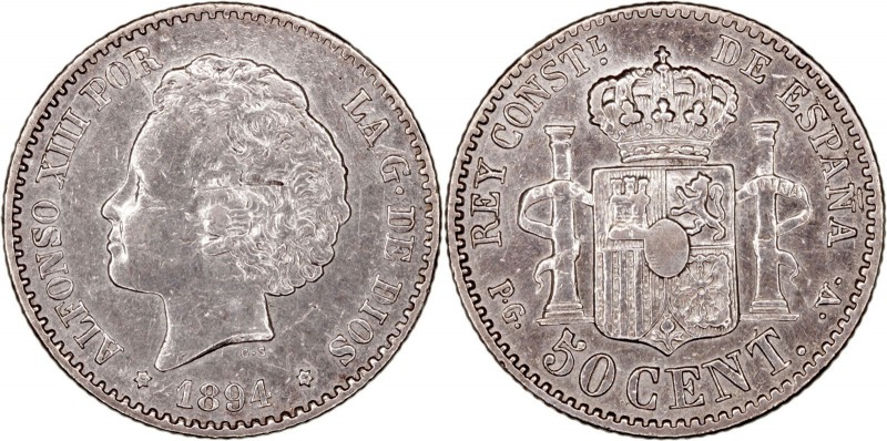 LA Peseta
ALFONSO XIII
50 Céntimos. AR. 1894 *9-4 PGV. CAL.58. MBC+