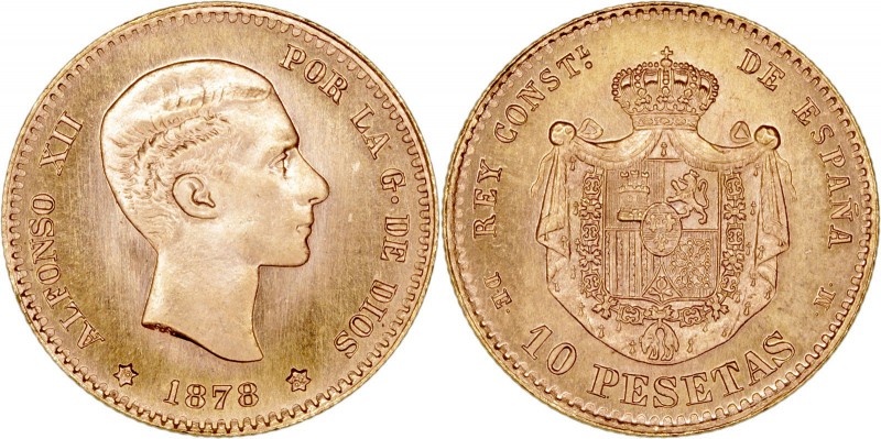 LA Peseta
ESTADO ESPAÑOL
10 Pesetas. AV. 1878 *19-62 DEM. 3,24 g. CAL.9. Conse...