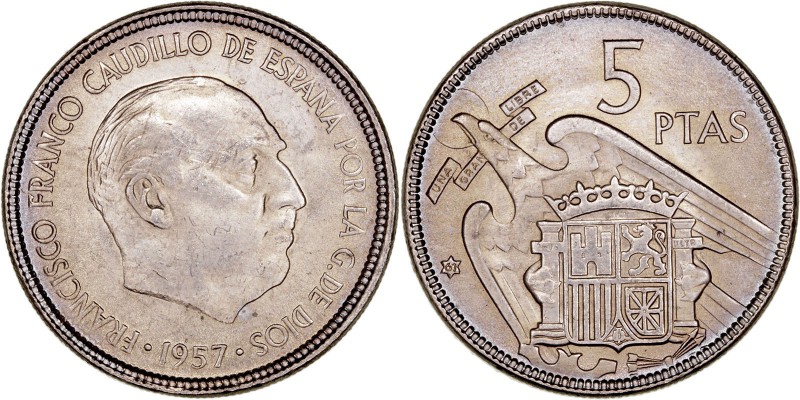 LA Peseta
ESTADO ESPAÑOL
5 Pesetas. Cuproníquel. 1957 *61. CAL.52. Bonita páti...
