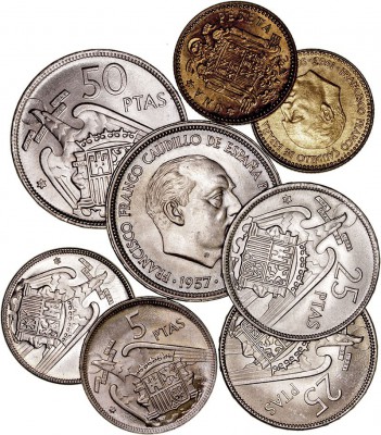 LA Peseta
ESTADO ESPAÑOL
Lote de 8 monedas. AE. Peseta 1963 *64 (2), 5 Pesetas...