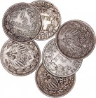 MONEDAS EXTRANJERAS
ALEMANIA
Lote de 6 monedas. AR. 1/2 Mark 1905 D, 1906 F, 1907 A y 1918 F (3). EBC a MBC-