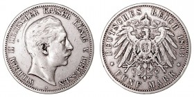 MONEDAS EXTRANJERAS
ALEMANIA
GUILLERMO II
Prusia. 5 Marcos. AR. 1893 A. 27,57 g. KM.523. Manchita (línea) en anv., si no MBC