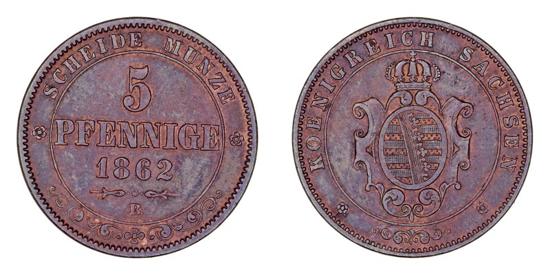 MONEDAS EXTRANJERAS
ALEMANIA
5 Pfennige. AE. Sajonia. 1862 B. KM.1218. Escasa....