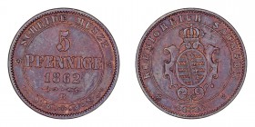 MONEDAS EXTRANJERAS
ALEMANIA
5 Pfennige. AE. Sajonia. 1862 B. KM.1218. Escasa. MBC+