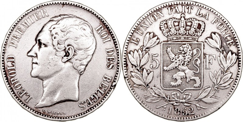MONEDAS EXTRANJERAS
BÉLGICA
LEOPOLDO I
5 Francos. AR. 1852. 24,89 g. KM.17. G...